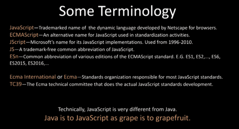 JavaScript, ECMAScript, JScript, JS, ES(n) 용어에 대해 설명한 이미지